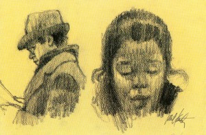 Man and Woman on the El II- drawing by Phil Kantz
